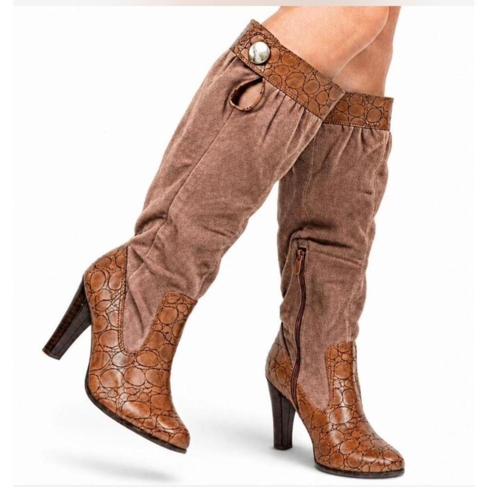 Newport News Y2K Brown Slouch Boots Faux Leather Suede High Heel Size 6